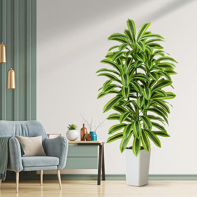 Artificial Yellow Dracaena Tree - 5FT Tall Fake Plants with White Tall Planter - Artificial Plants Indoor Floor Plant in Pot - Large Tropical Fake Yucca Potted Tree for Home Office Living Room Decor