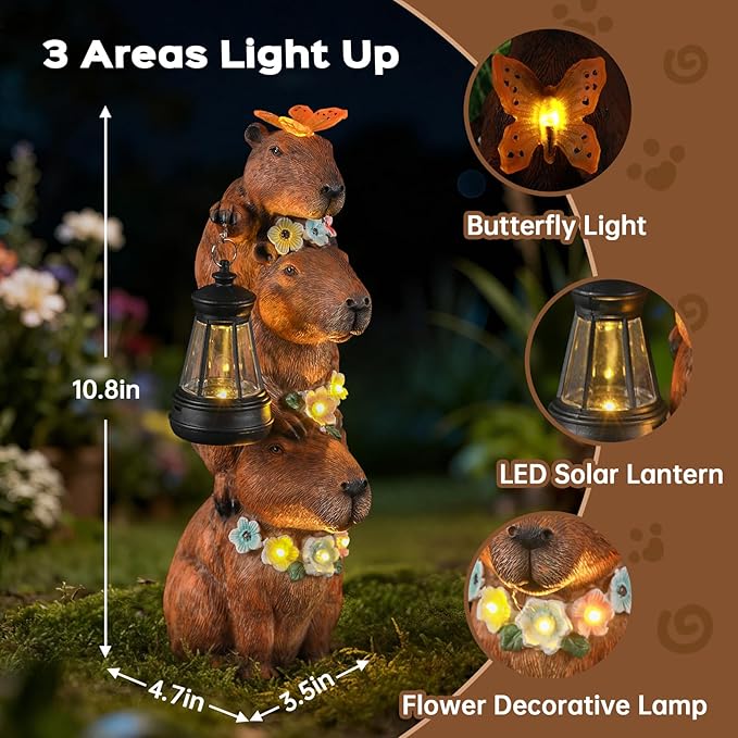 Capybara Solar Garden Statue, Outdoor Capybara Statue with Flower Decoration & Lantern Light, Funny Triple Capybara Decor for Women, Capybara Figurine for Yard Garden Patio Lawn Ornaments