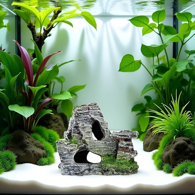 Resin Aquarium Mountain Decor with Moss Rock Cave - Multi-Level Terrain for Fish Tank Landscaping, Natural-Looking Rockery Design with Hidden Cave and Crevices for Shrimp, Reptile Habitat
