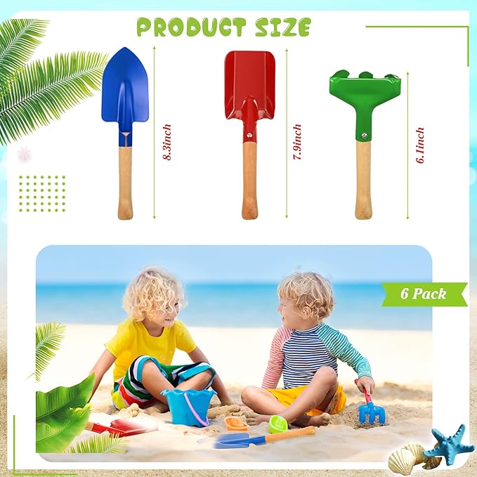 Tarpop 18 Pcs Kids Gardening Tools Set, Metal Kids Yard Tools with Sturdy Wooden Handle Safe Children Beach Sandbox Toy Sand Play Kit for Flower Soil Planting Loosening Digging, Trowel, Rake, Shovel