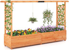 HAPPYGRILL Raised Garden Bed with Trellis, Freestanding Wood Planter Box w/Hanging Roof & 8 Drainage Holes for Vine, Climbing Plants, Flowers, Outdoor Planter with Trellis for Garden, Patio, Yard