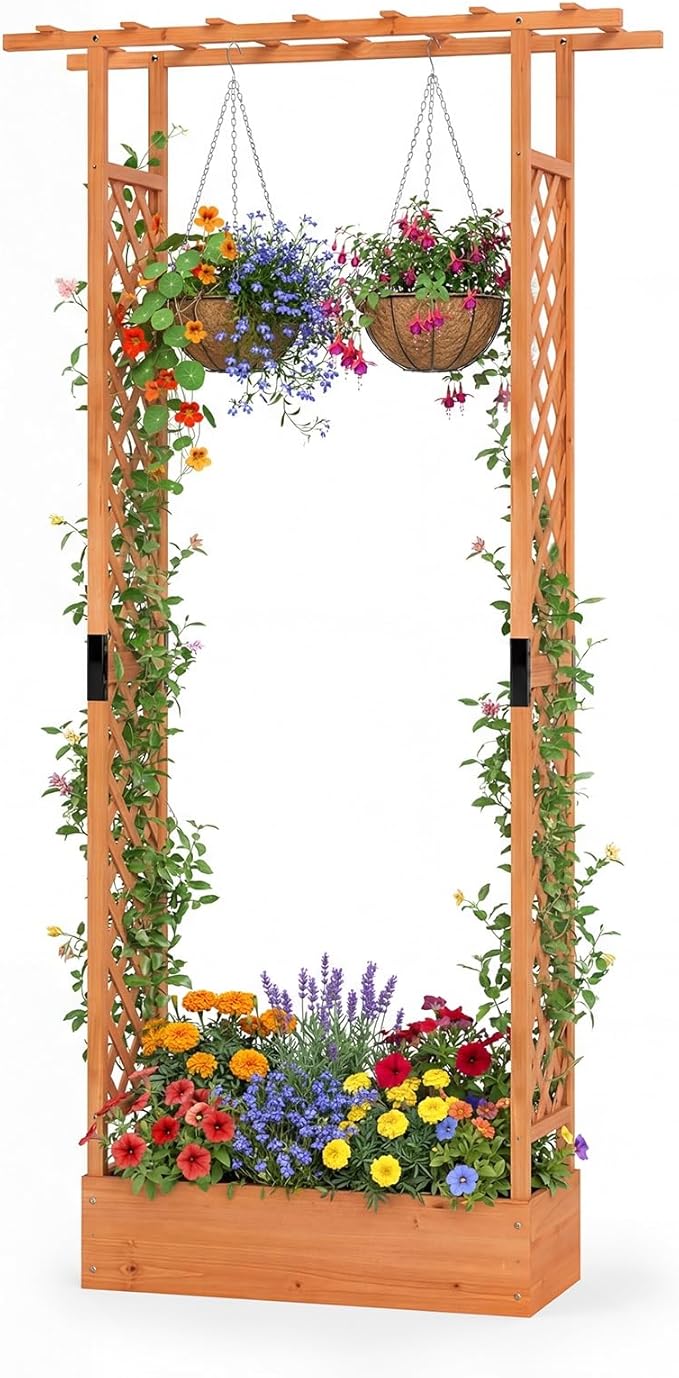 BECOMFORT Raised Garden Bed with Trellis & Hanging Roof, 89" Tall Fir Wood Planter Box with Drainage Holes, Outdoor Elevated Garden Planter for Climbing Vines, Perfect for Patio, Lawn & Backyard