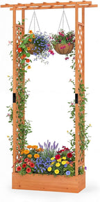 BECOMFORT Raised Garden Bed with Trellis & Hanging Roof, 89" Tall Fir Wood Planter Box with Drainage Holes, Outdoor Elevated Garden Planter for Climbing Vines, Perfect for Patio, Lawn & Backyard