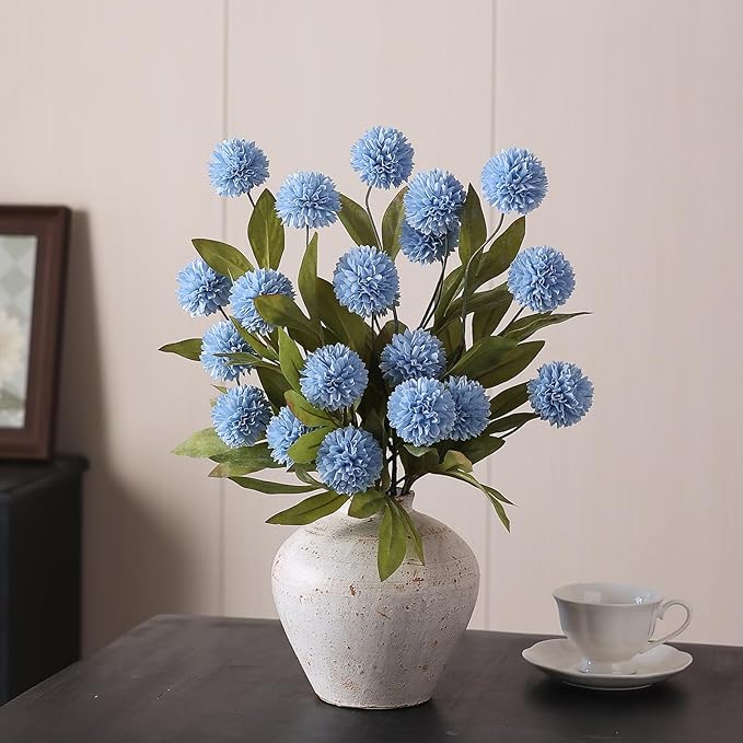 VIERENA 6 Pcs Faux Silk Pompon Mum Artificial Flowers for Vase -27", Bulk Fake Chrysanth Branches with Stems for DIY Bouquet Centerpieces Wedding Fillers Arrangements Shower Decorations (Dusty Blue)