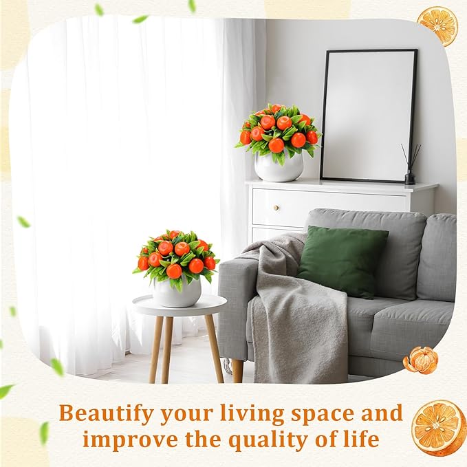 Suncalla 2 Pack Artificial Orange Potted Plants 7.09 Inches Fake Orange Tree Simulation Realistic Fruit Plant with Pot Faux Tree Indoor Decoration for Home Office Living Room Table Desk