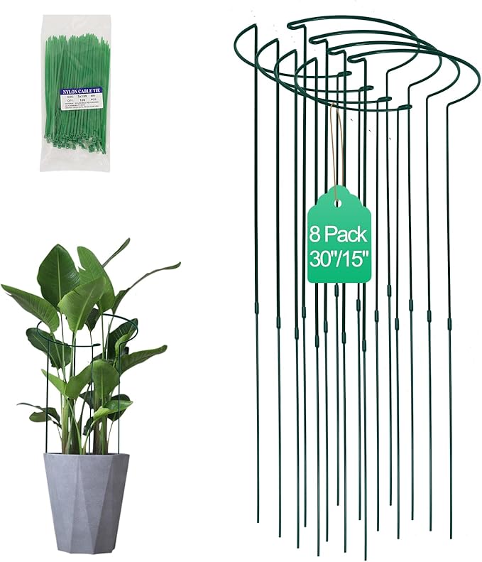 Tall Heavy-Duty 30in Plant Support Stakes - 8 Pack Adjustable Peony Cages & Supports for Outdoor Plants, Half-Round Garden Stakes for Hydrangea, Roses with Extension Stakes
