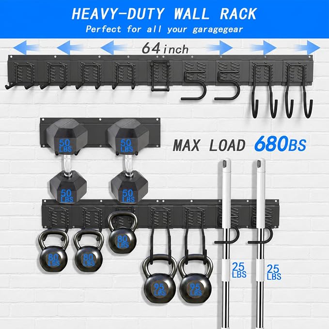CBWLWJ Garage Tool Organizer Wall Mount, 64 inch Garage Wall Organizer, 680lbs Sturdy Garden Tool Organizer with 9 Adjustable Hooks, for Yard, Shed, Basement, Workshop(Black)