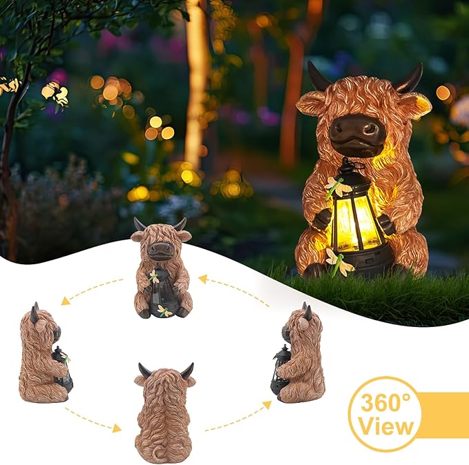 DKJOCKY Highland Cow Garden Decor Statue with Solar Light Lantern, Birthday Gifts for Women Mom Grandma, Funny Waterproof Resin Figurine Outdoor Decorations for Yard Patio Lawn Balcony Porch