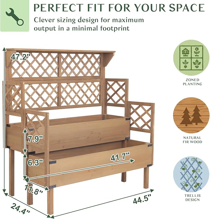 Raised Garden Bed with Trellis, 47''H Outdoor Flower Plant Stand with Two Planting Areas, Top Shelf, Liner, Elevated Garden Beds for Climbing Plants, Herb, Gift for Gardening, Brown