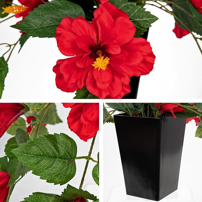 Briful Artificial Hanging Hibiscus Flowers in White Pot, Tropical Faux Hibiscus Plant with Removable Decorative Planter, Red Trailing Flower Basket for Porch Patio Balcony Indoor Outdoor Home Decor