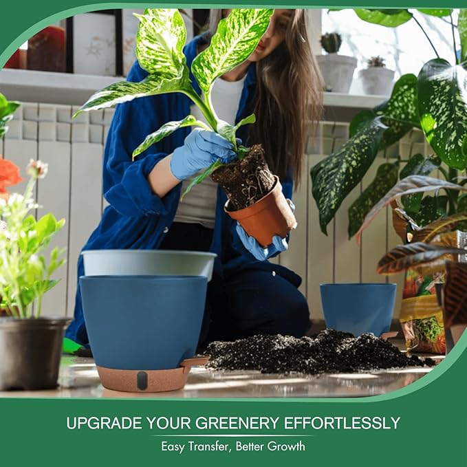 montresor 2 Pack 8 inch Plant Pots, PP Plastic Self Watering Plant Pot with Drainage and Tray for Indoor Outdoor Plants, Water Level Window & Reservoir Flower Pots Decorative Planter (Blue)