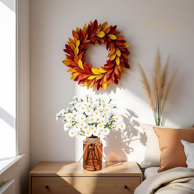 Muhanjia Artificial Daisy Flowers in Amber Glass Vase with Faux Water,9Pcs White Artificial Silk Flowers with Stems for Centerpiece (Daisy)