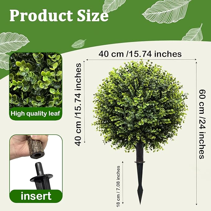 Artificial Topiary Trees Outdoor 2 Pack, 24.5" Boxwood Ball Faux Plants with Stakes, UV Resistant Fake Evergreen Shrubs for Front Porch Planters Garden Spring Decor-Green