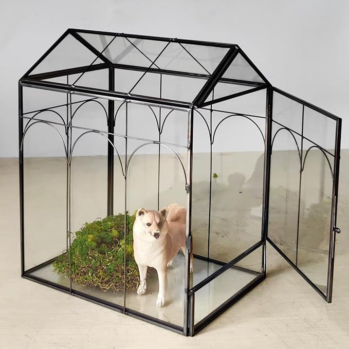 HighFree Geometric Plant Terrarium with Lid, House Succulent Terrarium Kit for Succulents Cacti Snail, Home Tabletop Miniature Terrarium (Black with Side Door)