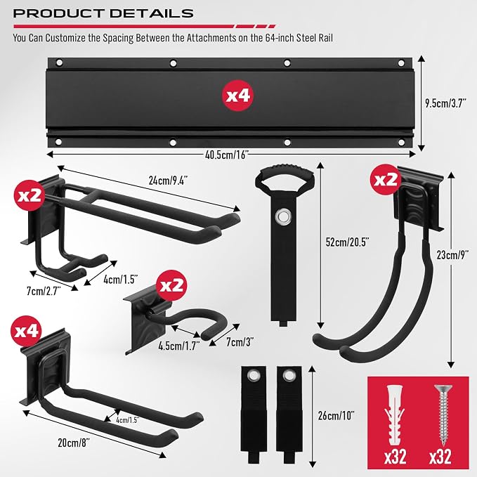 SEDY 64" Heavy Duty Garage Storage Tool Organizer Wall Mount - Tool Rack with Adjustable Hooks, Anti-Rust, 300lbs Capacity - Easy Installation (4 Racks, 10 Hooks, 3 Straps)