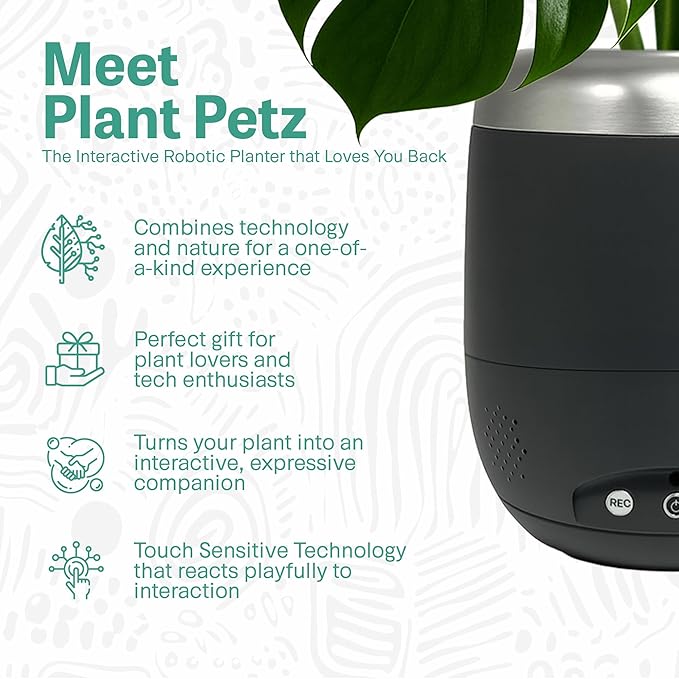 PLANTPETZ Extra Large Robotic Planter – Smart Planter Fits 6 Inch Pots | Bluetooth Speaker | Interactive Smart Plant Pot Turns A Real Plant Into a Touch/Motion Responsive Companion - Charcoal