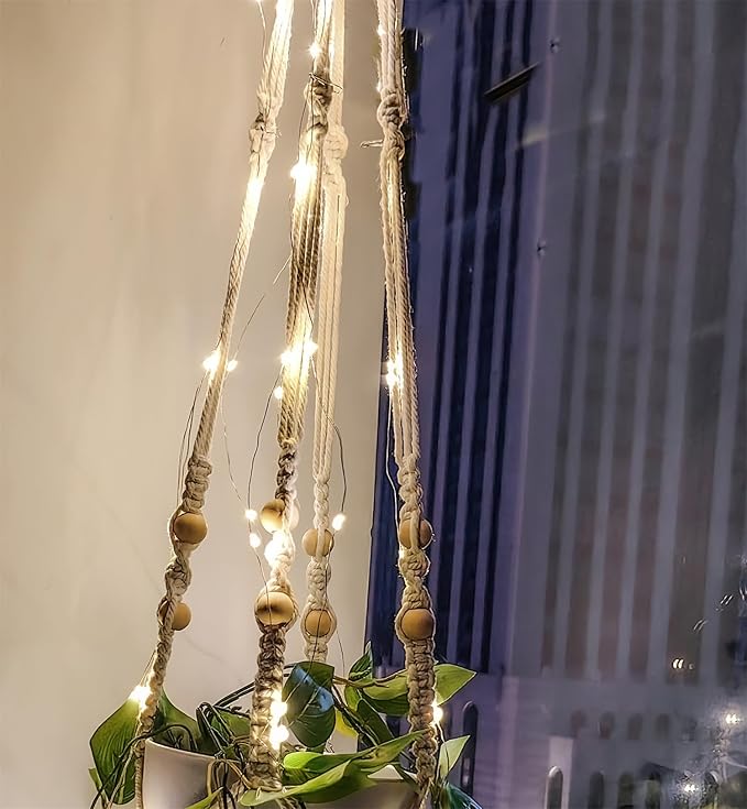 Comtelek 2 Pack Hanging Planter with Lights Indoor Macrame Plant Hanger Basket with Wood Beads Flower Pot Holder No Tassels for Boho Home Window Decor 35 Inch, Ivory (POTS NOT Included)