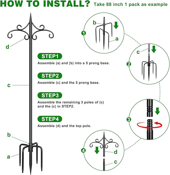 Heavy Duty Double Shepherd Hooks for Outdoor with 5-Prong Base, 72inch Adjustable Decorative Metal Bird Feeder Pole for Hanging Bird Nests, Plant Baskets, Solar Lights, Lanterns, 1 Pack