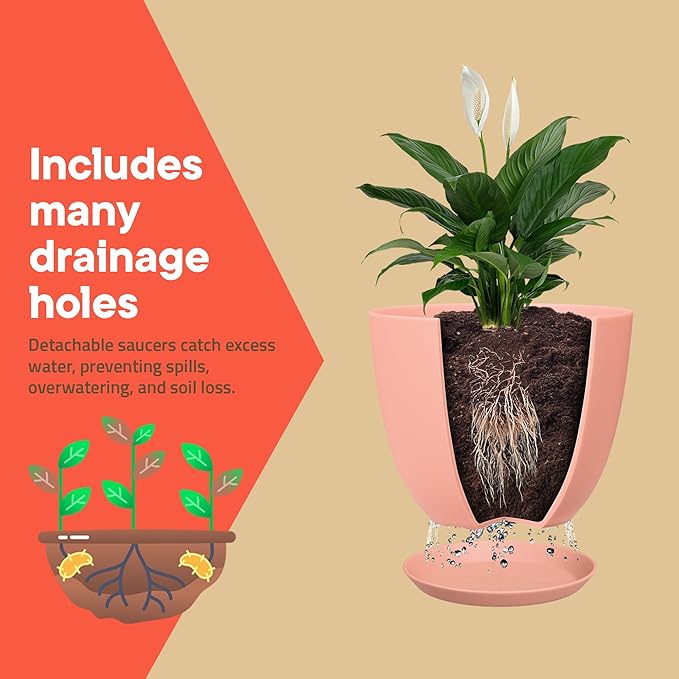 Planter Pots with Drainage Holes - Lightweight, Durable, and Space-Saving Pots for Indoor and Outdoor - Versatile Functionality, Simple Modern Design, Set of 3 Plastic Planter Pots - Pink