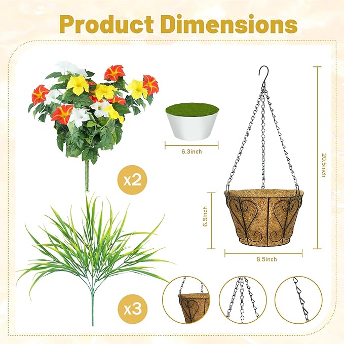 Artificial Flowers Hanging Baskets for Outdoors, 5PCS UV Resistant Faux Outdoor Plants, Fake Petunias Silk Flowers for Garden Balcony Yard Porch Decor (Yellow Orange White)