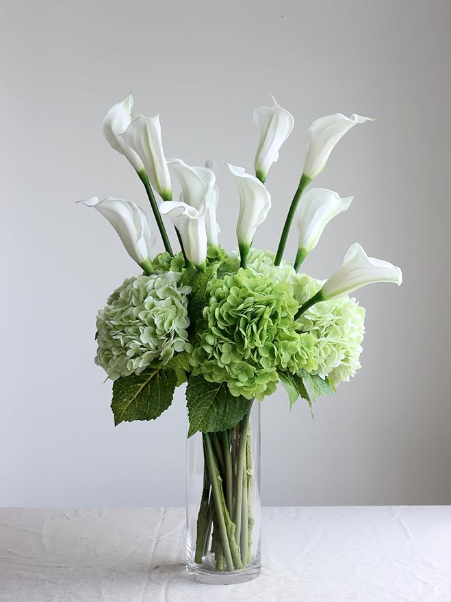 Buart 3PCS Long Stem Big Size Flowers Artificial Silk Hydrangea Lifelike Flowers Real Touch Green Artificial Flowers Wedding Shower Bride Bouquets Office Living Room Table Decorations (21 Inch)