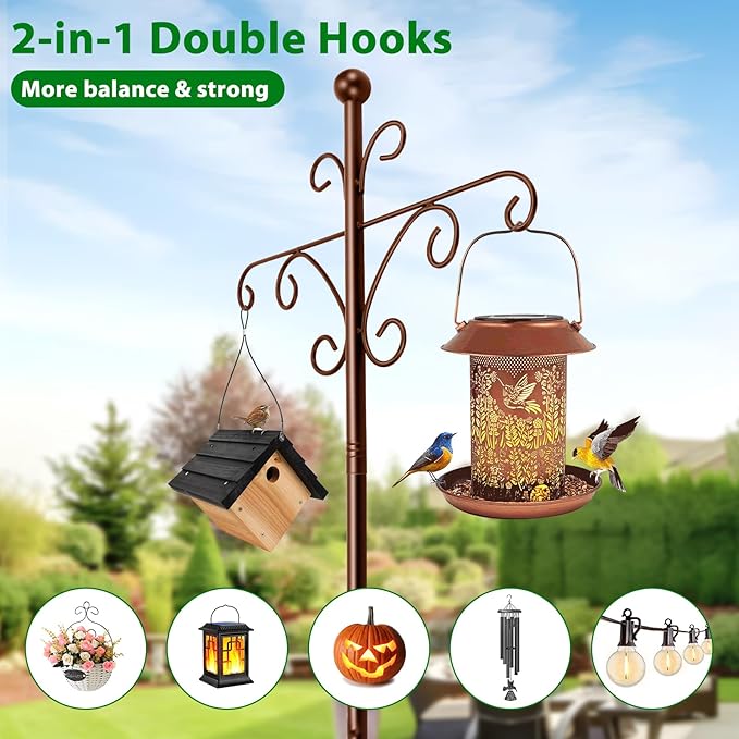 Bird Feeder Pole for Outdoors Heavy Duty Squirrel Proof, 2 Pack 76 Inch Adjustable Tall Shepherds Hooks for Outdoor with 7 Prongs Base, Double Shepherd Hooks (2 Pack Copper, 76 Inch)