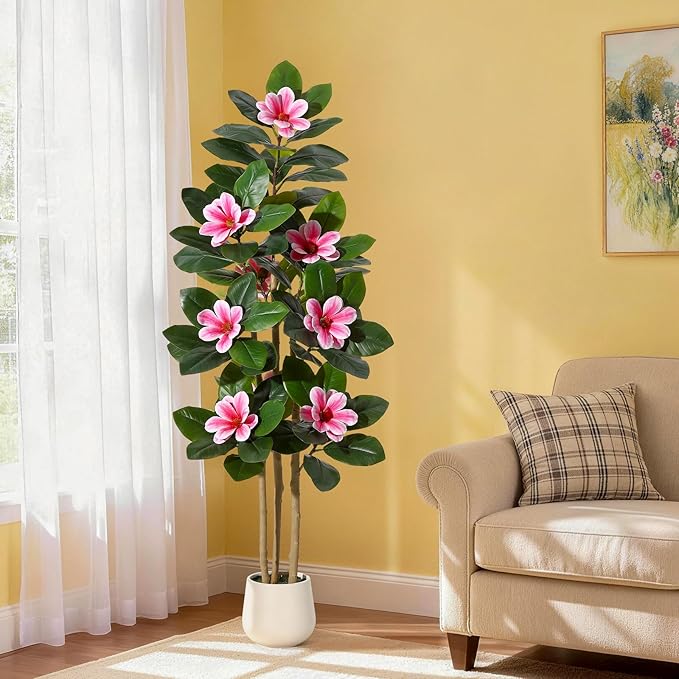 Fiddle Leaf Fig Tree 5FT Tall Artificial Plant, Large Fake Tree in White Planter, Faux Rubber Tree Fake Floor Plant with Magnolia Flowers - Artificial Tree for Home Office Living Room Decor, Pink
