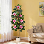 GarveeHome Faux Rubber Tree, 60 Inch Artificial Plants Indoor with Real Touch Leaves and Multi Trunks, Artificial Tree Fake Potted Plants with Pink Flowers for Home Decor Office Living Room