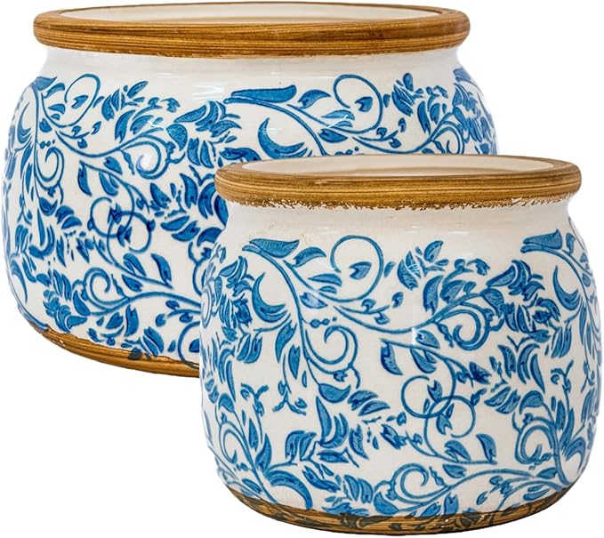 Vintage Ceramic Flower Pots - Indoor Outdoor Planters with Drainage Holes & Filter Screen, 6.5’’& 9’’ Rustic Farmhouse Decorative Plant Pots for Garden/Patio (Blue Vines, Small to Large Bundle)