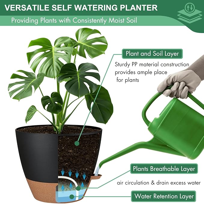 montresor 2 Pack 10 inch Plant Pots, PP Plastic Self Watering Plant Pot with Drainage and Tray for Indoor Outdoor Plants, Water Level Window & Reservoir Flower Pots Decorative Planter