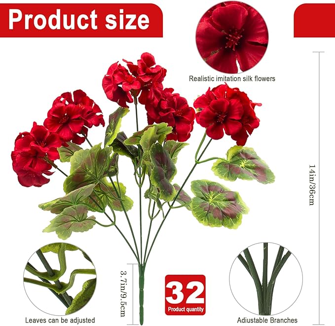 lovemoon 32 Pcs Artificial Geranium Plant Realistic Silk Flowers for Outside Bulk UV Resistant Faux Geraniums Flowers for Indoor Outdoor Home Garden Office Decoration(32, Red)