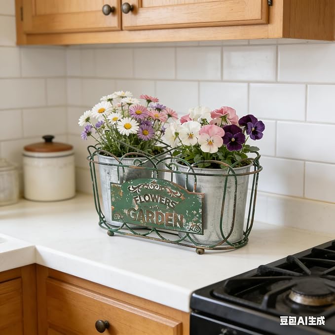 Vintage 2-Piece Metal Planter Set, Distressed Green Iron Wire Basket with Flowers Garden Sign, Rustic Farmhouse Plant Pots for Tabletop, Window Sill & Balcony Decor (Green)