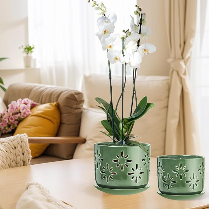 6+5 Inch Orchid Pots with Holes, Ceramic Orchid Pots for Repotting, Healthy Air Circulation Plant Pots for Plant Lovers, Planters for Indoor Plants -2 Pack