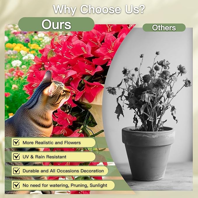 Artificial Flowers for Outdoors Fake Red Bougainvillea Hanging Flower Decoration, 2Pcs Realistic Faux Silk Plants Long Trailing Vines, Spring Decor for Porch Patio Balcony Planter Yard