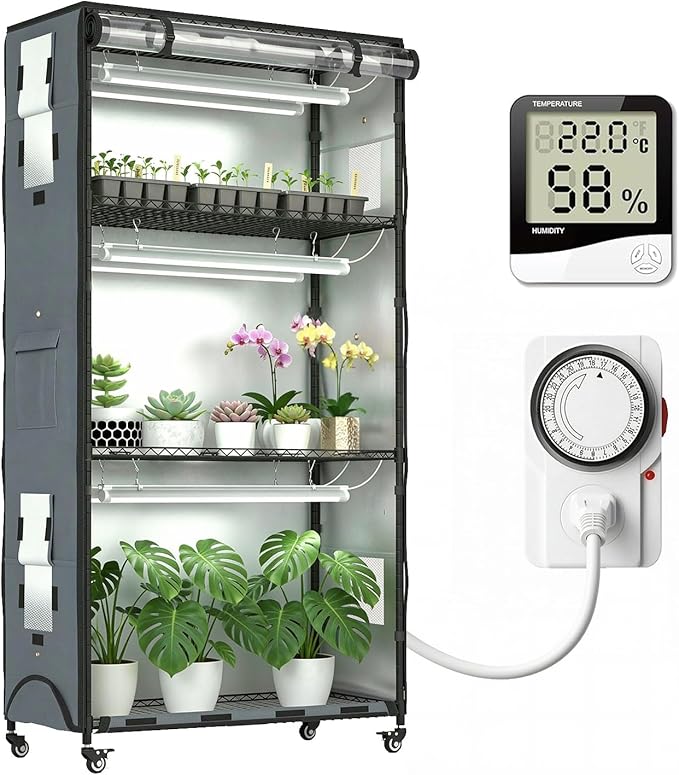 Indoor Greenhouse with 6 Pack 3-Color Grow Light, 36" Wx 14" D x 63" H with 600D Oxford Cloth Cover, 4-Tier Enclosed Plant Stand for Year-Round Indoor Gardening, Timer Plug & Hygrometer