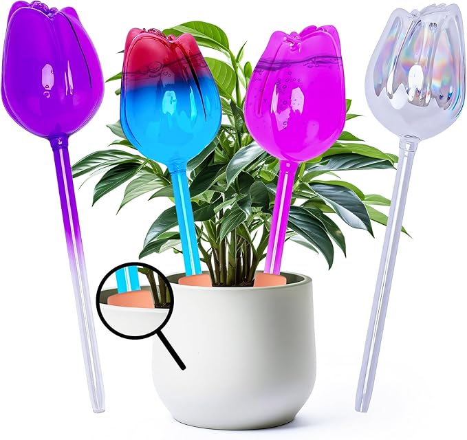 4Pcs No-Clog Glass Plant Watering Globes,Self Watering Planter Insert with Terracotta Watering Spikes,Water Bulbs for Indoor&Outdoor Plants,Vacation Plant Watering Devices,Tulip-Shaped