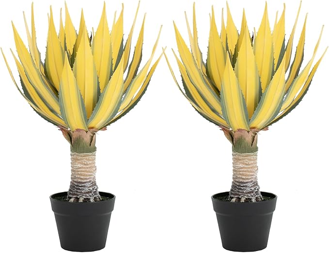 Artificial Green Edged Gold Leaf Spiny Agave Plant with 23 Leaves, 23.62in Faux Agave for Indoor & Outdoor Home Decor Perfect for Porch Living Room Bedroom Patio & Office（2 Pack）