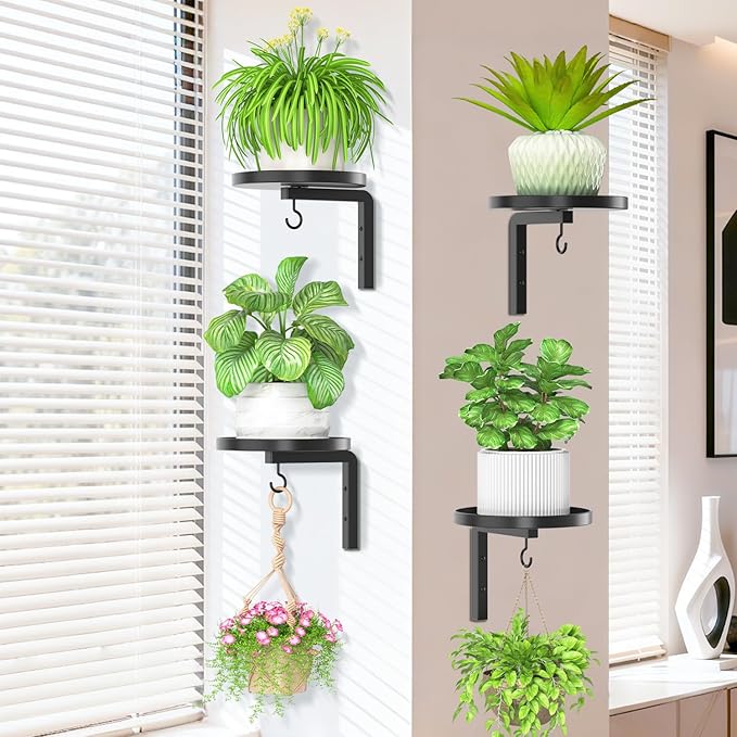 iDavosic.ly Wall Plant Holder Set of 4 for Indoor Outdoor, Metal Hanger with 4 Hooks, Floating Flower Display Stand for Window, Space Saving & Easy to Assemble (Pots/Chains/Plants Not Included)