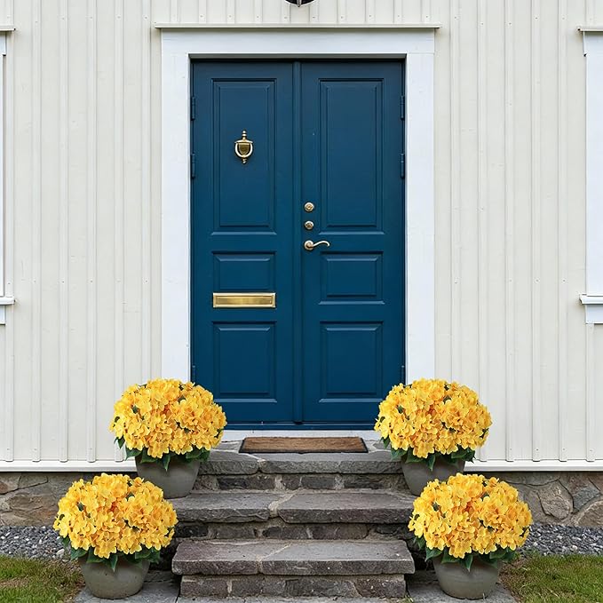 FOTEEWL 16 Bundles Artificial Hydrangea Flowers for Outdoor Decor, Realistic Faux Silk Bouquets Sun-Resistant Fake Plants for Front Door Balcony Farmhouse Garden Home Spring Summer Decor (Yellow)