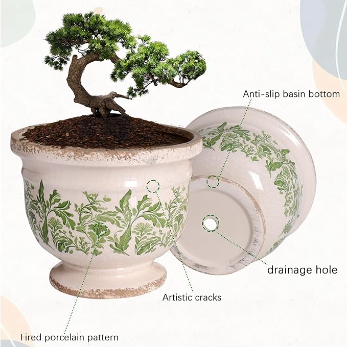 Vintage Ceramic Ice Crack Flower Pot with Drainage Hole Large Rustic Planter for Indoor and Outdoor Unique Antique Pastoral Pot Gardening Gift for Valentine's Day, Home Decors