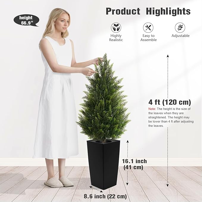 4FT Tall Artificial Cedar Topiary Tree with Compact Pyramidal Shape, Realistic Faux Cypress in Square Black Pot with Fillable Water Bag, Outdoor Evergreen for Front Porch Garden Home Decor