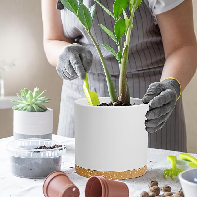 WSMKSZ 8 Inch Cylinder Flower Pots for Indoor Outdoor Plants, Medium Deep Plant Pots with Drainage Holes & Saucer, Decorative Plastic Planter Pots for Garden House Plants, White with Brown