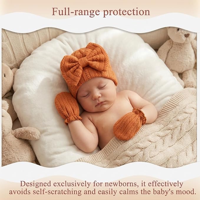 Newborn Baby Girl Hats Mittens Set Cotton Hospital Bow Hat Beanies Caps Gloves for New Born Girls 0-6 Months