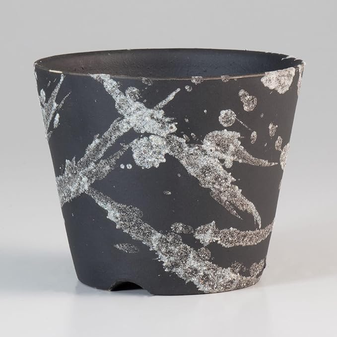 Wazakura Shigaraki Series Small Handmade Ceramic Bonsai Pot with Drainage Hole, Made in Japan, Garden Trainning Contanaire, Flower Succulent Houseplant Planter - White Brush Strokes