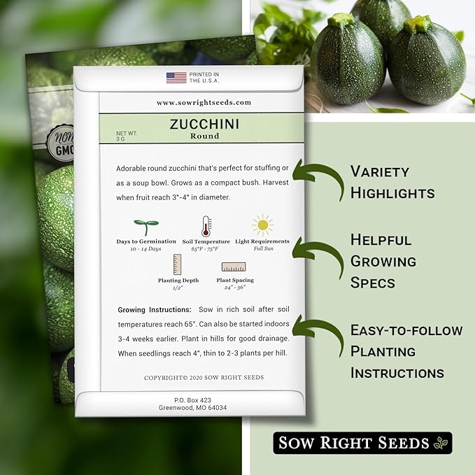Sow Right Seeds - Round Zucchini Seed for Planting - Non-GMO Heirloom Packet with Instructions to Plant a Home Vegetable Garden - Unique Globe Squash - Summer Vining Variety (1)