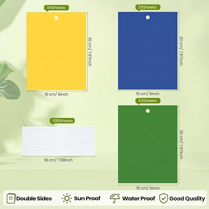 Qualirey 100 Pcs 6 x 8 Inch Sticky Traps for Plant Double Sided Sticky Trap for Gnats with Twist Ties Fly Traps for Fruit Insect Fungus Bugs Indoor Outdoor (Yellow,Blue,Green)