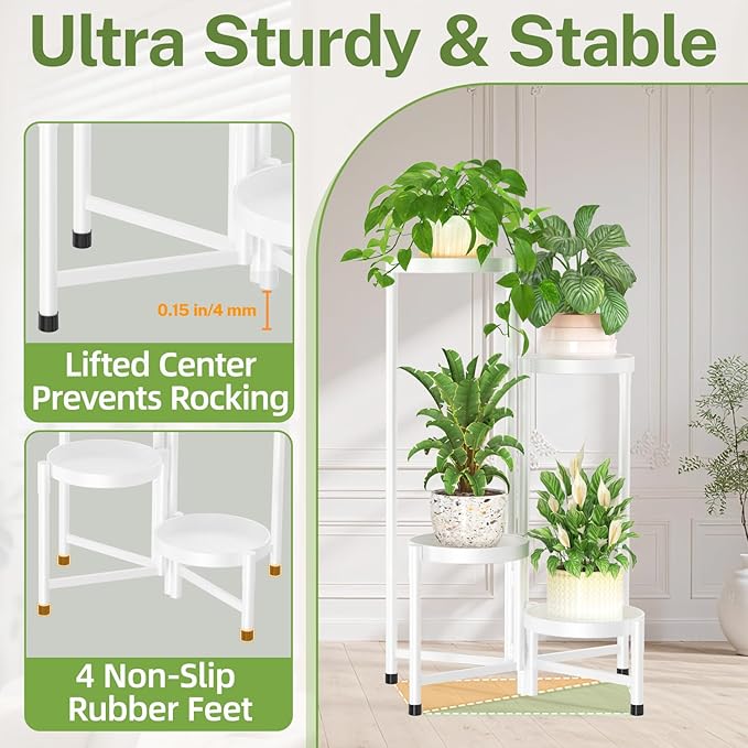 iDavosic.ly Plant Stand Indoor Outdoor, 4 Tier Corner Metal Flower Display Holder Shelf, Folding Tall Orchid Rack for Patio Balcony Porch Garden Living Room House, White