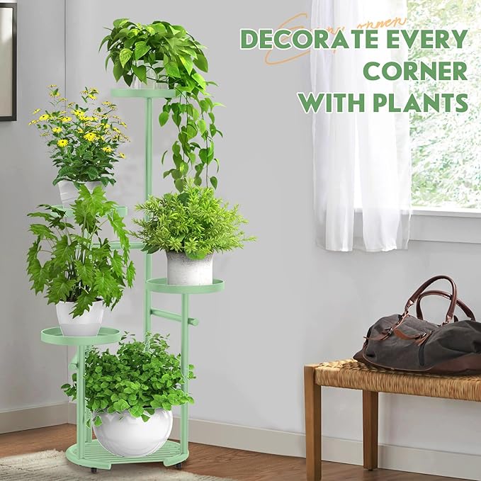 TOSKING 5 Tier Metal Plant Stand Indoor，Anti-Tip Round Base for Pots, Child & Pet Friendly,Plant Shelf, Corner Shelf Flower Pot Stand for Outdoor Plant Stand for Living Room Balcony Garden Patio Bedroom (Green, 42in)