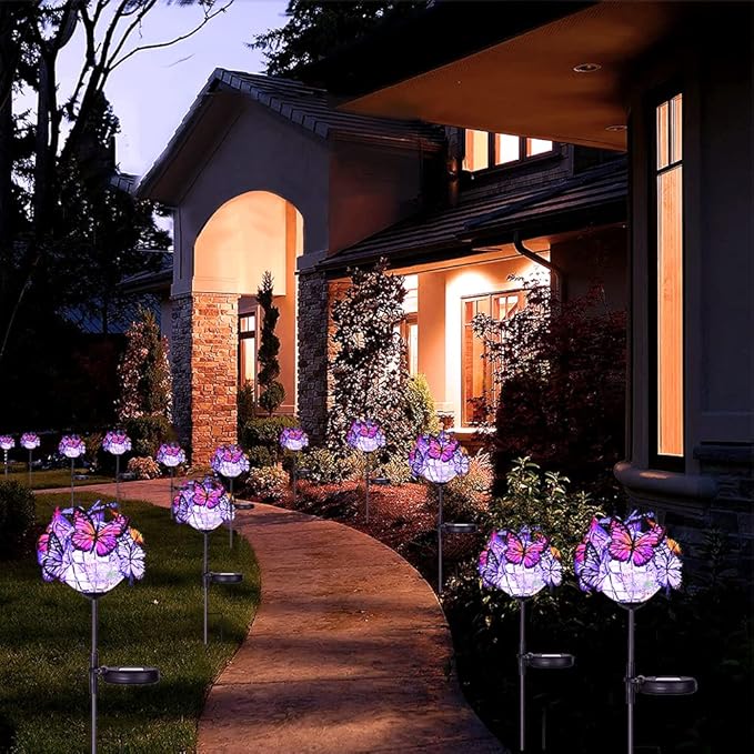 Weepong Outdoor Solar Lights 2 Pack, Solar Garden Lights with 18 Butterflies Decoration Outdoor Lamps, Waterproof Butterfly Flower Lights for Patio Yard Lawn Garden Decor, Gifts for Mom Women