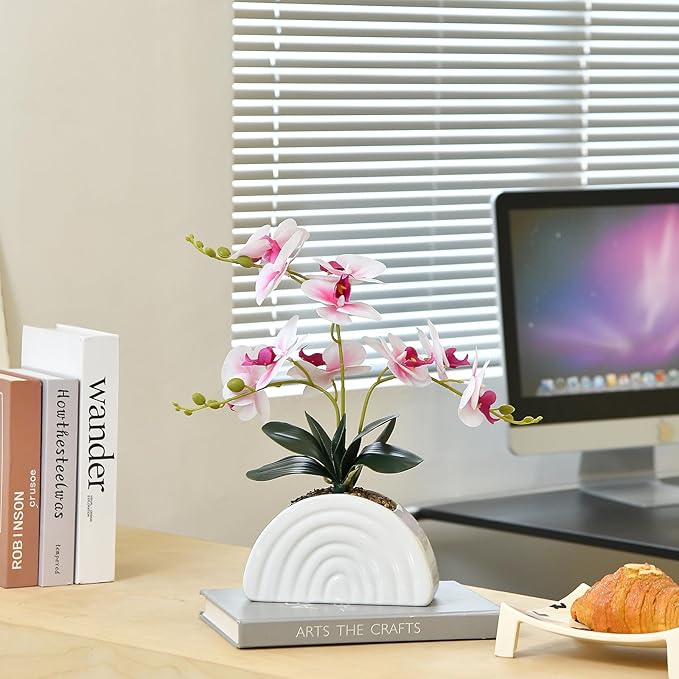 Fake Orchid Plant in White Rainbow Pot, Artificial Silk Phalaenopsis Orchid Flowers for Home Décor, Table Centerpiece, Office Desk (White and Pink)